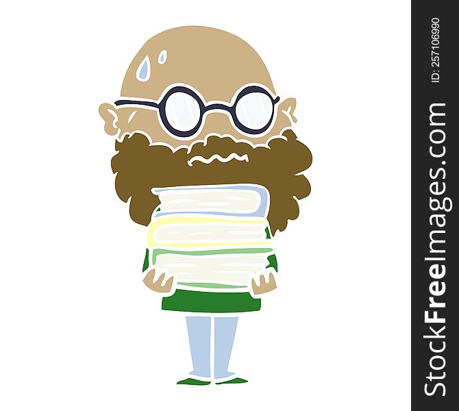 flat color style cartoon worried man with beard and stack of books