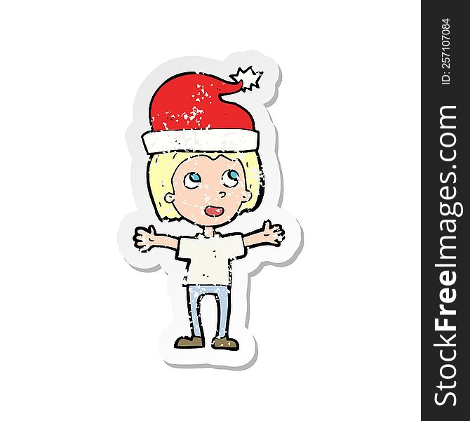 Retro Distressed Sticker Of A Cartoon Boy In Christmas Hat