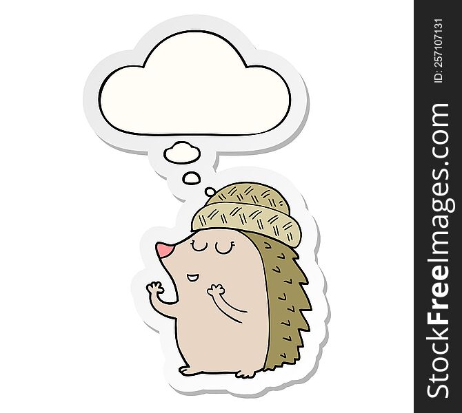 cartoon hedgehog wearing hat with thought bubble as a printed sticker