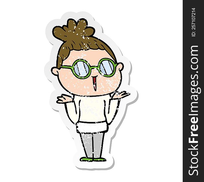 distressed sticker of a cartoon shrugging woman wearing spectacles