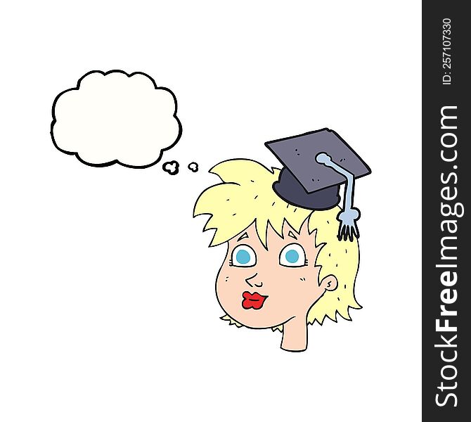 freehand drawn thought bubble cartoon woman wearing graduate cap. freehand drawn thought bubble cartoon woman wearing graduate cap