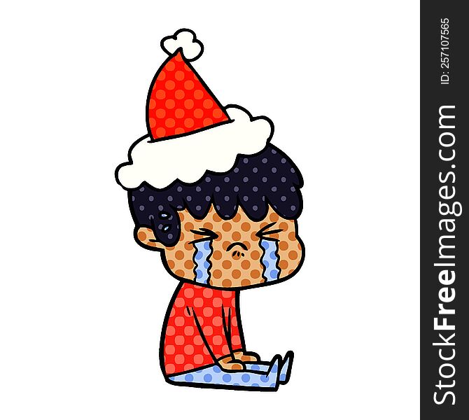 hand drawn comic book style illustration of a boy crying wearing santa hat