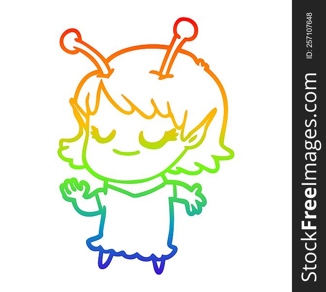 Rainbow Gradient Line Drawing Smiling Alien Girl Cartoon