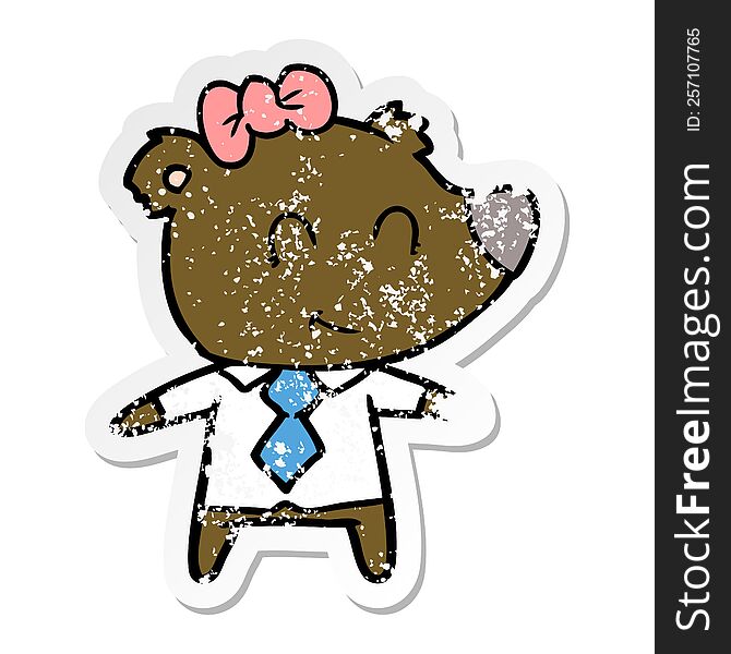 distressed sticker of a female bear in work clothes