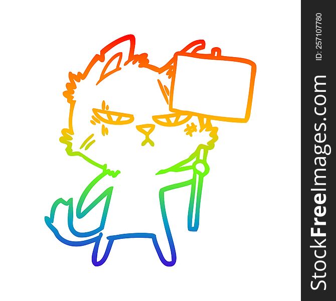 rainbow gradient line drawing of a tough cartoon cat with protest sign