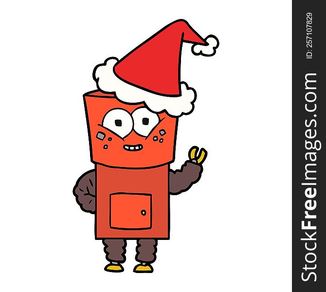 Happy Line Drawing Of A Robot Waving Hello Wearing Santa Hat