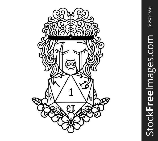 Black and White Tattoo linework Style sad orc barbarian character face with natural one d20 roll. Black and White Tattoo linework Style sad orc barbarian character face with natural one d20 roll