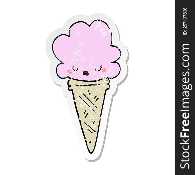 Distressed Sticker Of A Cartoon Ice Cream With Face