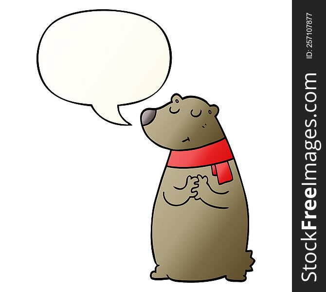 cartoon bear wearing scarf with speech bubble in smooth gradient style