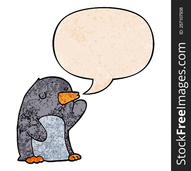 cartoon penguin with speech bubble in retro texture style