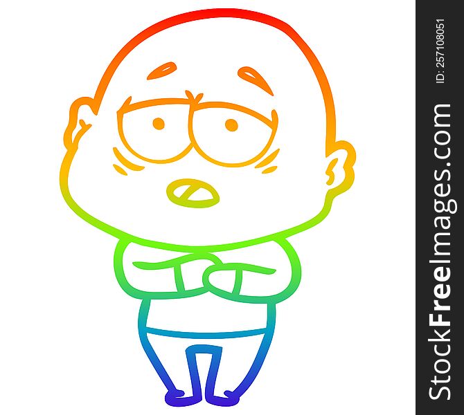 rainbow gradient line drawing of a cartoon tired bald man