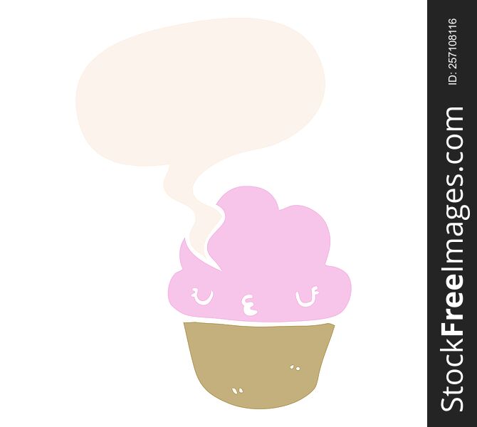Cartoon Cupcake And Face And Speech Bubble In Retro Style