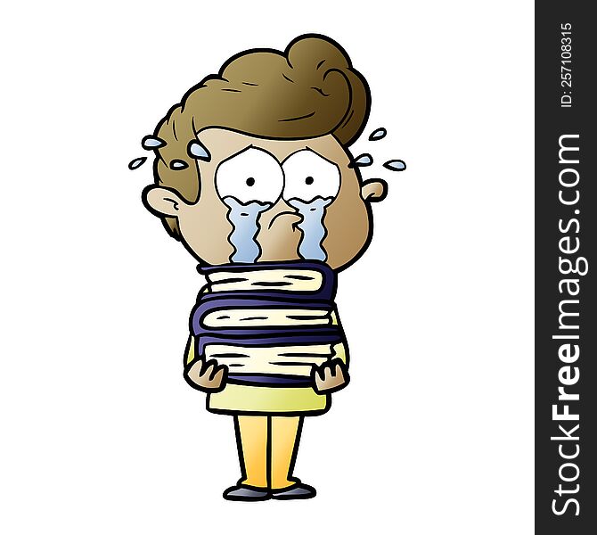 cartoon crying student with stack of books. cartoon crying student with stack of books