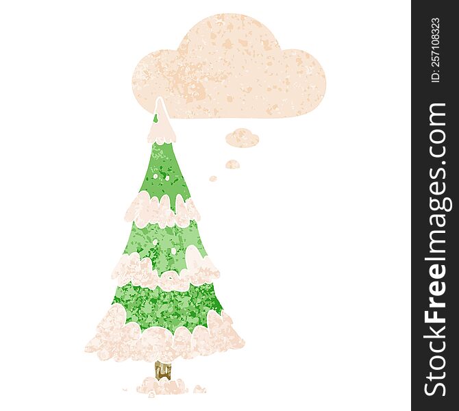 cartoon christmas tree with thought bubble in grunge distressed retro textured style. cartoon christmas tree with thought bubble in grunge distressed retro textured style