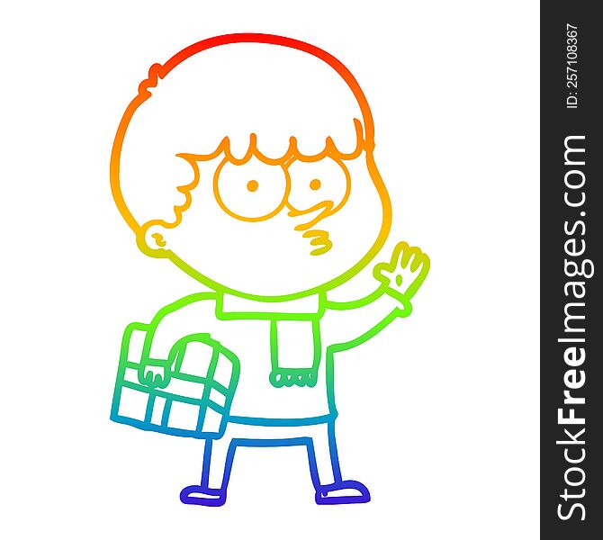 rainbow gradient line drawing of a cartoon curious boy carrying a gift