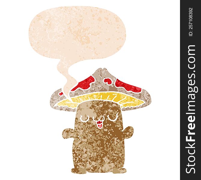 Cartoon Mushroom Creature And Speech Bubble In Retro Textured Style