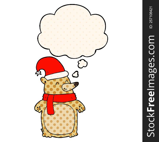Cartoon Christmas Bear And Thought Bubble In Comic Book Style