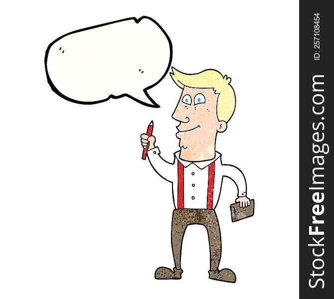 speech bubble textured cartoon man with notebook and pen