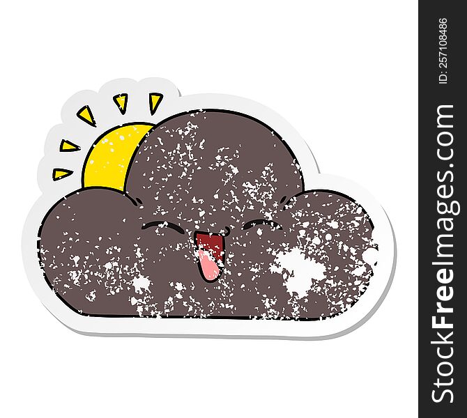 distressed sticker of a quirky hand drawn cartoon sun and happy storm cloud