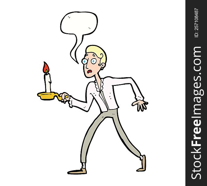 Cartoon Frightened Man Walking With Candlestick With Speech Bubble