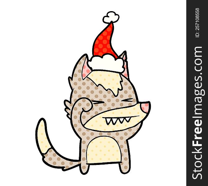 Tired Wolf Comic Book Style Illustration Of A Wearing Santa Hat