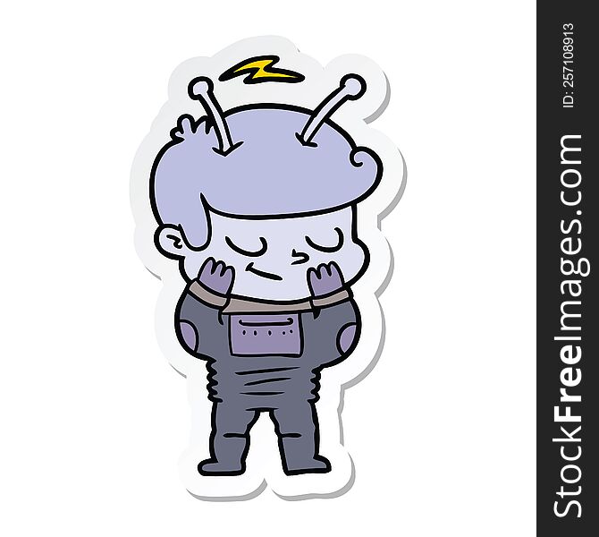 Sticker Of A Bashful Cartoon Spaceman