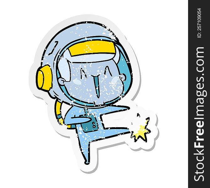 distressed sticker of a happy cartoon astronaut dancing