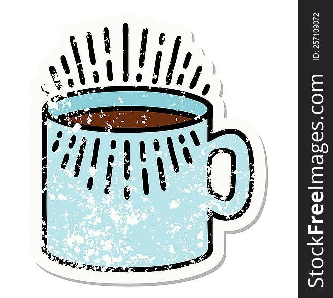 distressed sticker tattoo in traditional style of cup of coffee. distressed sticker tattoo in traditional style of cup of coffee