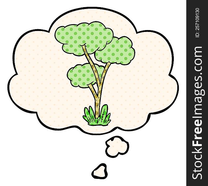 cartoon tree with thought bubble in comic book style