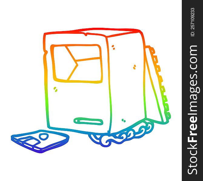 rainbow gradient line drawing of a cartoon broken old computer