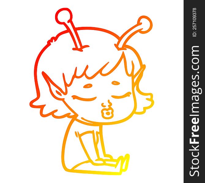 Warm Gradient Line Drawing Cute Alien Girl Cartoon