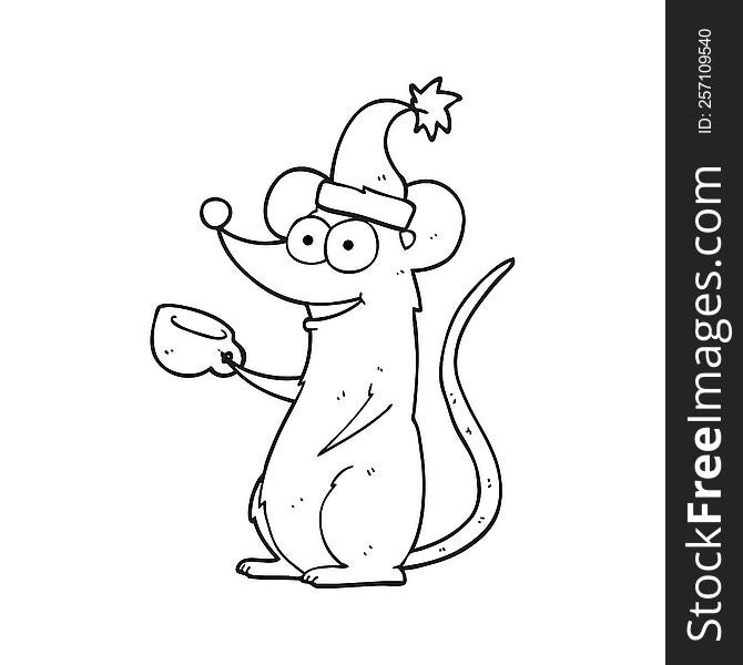 Black And White Cartoon Mouse Wearing Christmas Hat