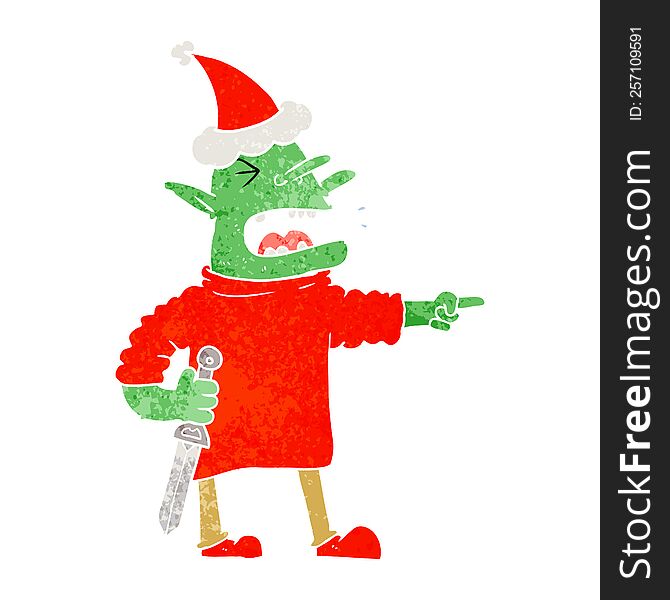 hand drawn retro cartoon of a goblin with knife wearing santa hat