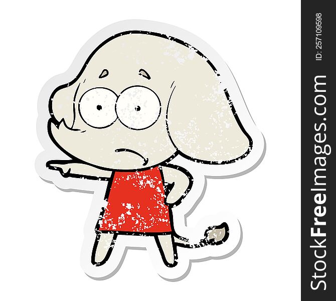 Distressed Sticker Of A Cartoon Unsure Elephant Girl Pointing