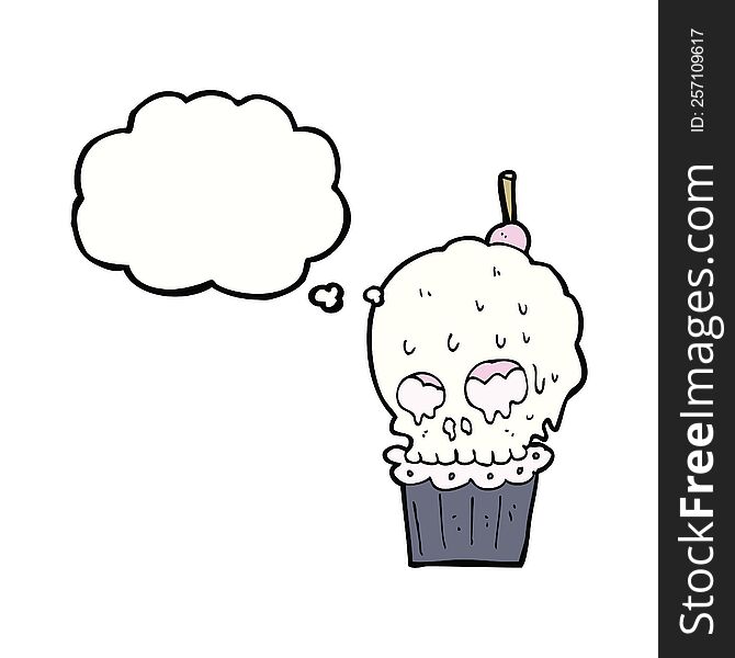cartoon spooky skull cupcake with thought bubble