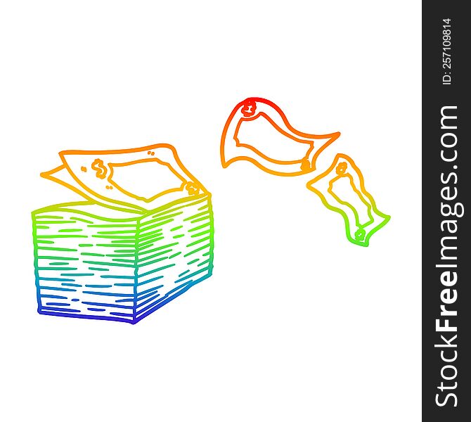 rainbow gradient line drawing of a cartoon money blowing away