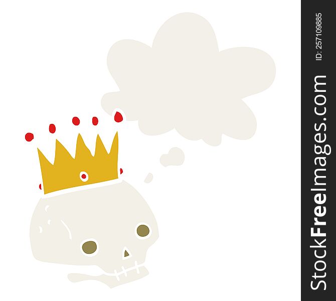 cartoon skull with crown with thought bubble in retro style