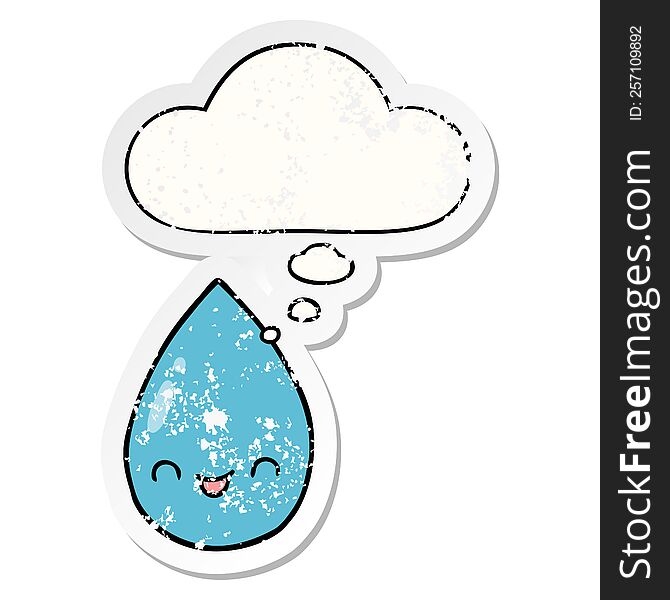 Cartoon Cute Raindrop And Thought Bubble As A Distressed Worn Sticker