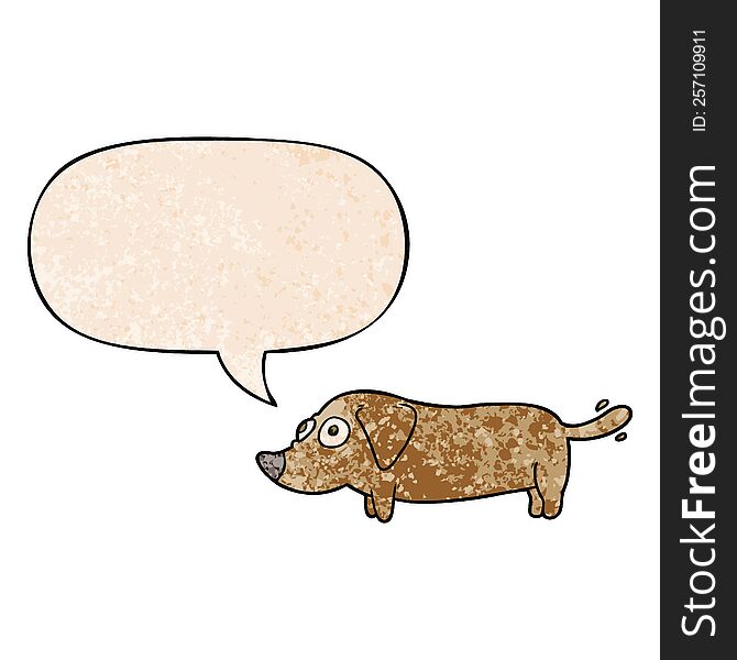 cartoon little dog with speech bubble in retro texture style