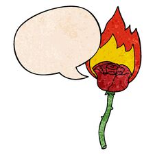 Cartoon Flaming Rose And Speech Bubble In Retro Texture Style Stock Photography