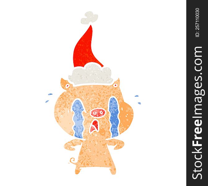 crying pig hand drawn retro cartoon of a wearing santa hat. crying pig hand drawn retro cartoon of a wearing santa hat