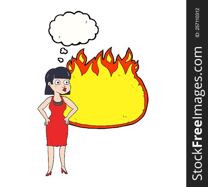 thought bubble cartoon woman in dress with hands on hips and flame banner