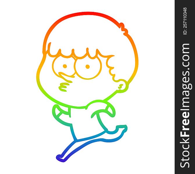 rainbow gradient line drawing of a cartoon curious boy running