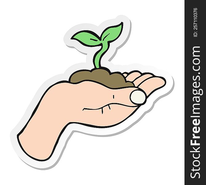 sticker of a cartoon seedling growing held in hand
