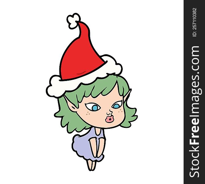 Pretty Line Drawing Of A Elf Girl Wearing Santa Hat