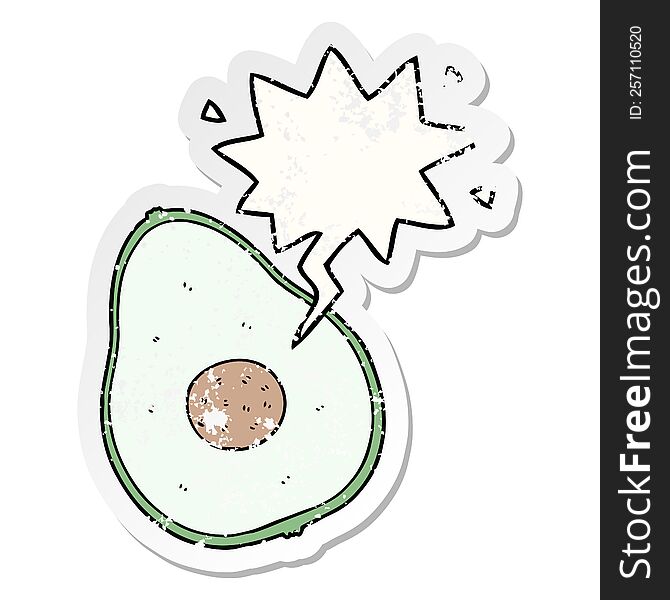 cartoon avocado with speech bubble distressed distressed old sticker. cartoon avocado with speech bubble distressed distressed old sticker