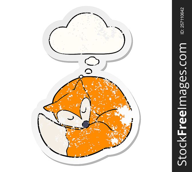 cartoon sleeping fox with thought bubble as a distressed worn sticker