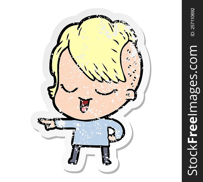 Distressed Sticker Of A Happy Cartoon Girl Pointing