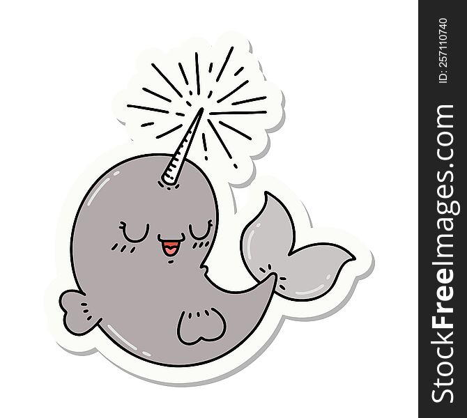 sticker of a tattoo style happy narwhal