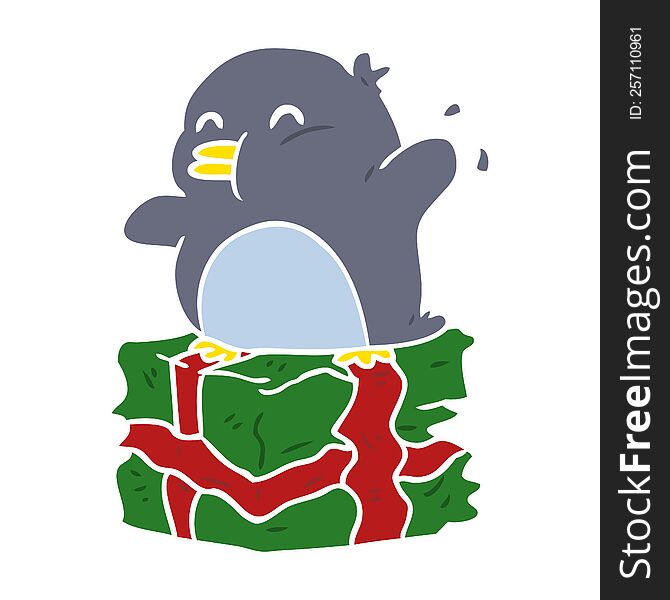 Flat Color Style Cartoon Penguin On Wrapped Present